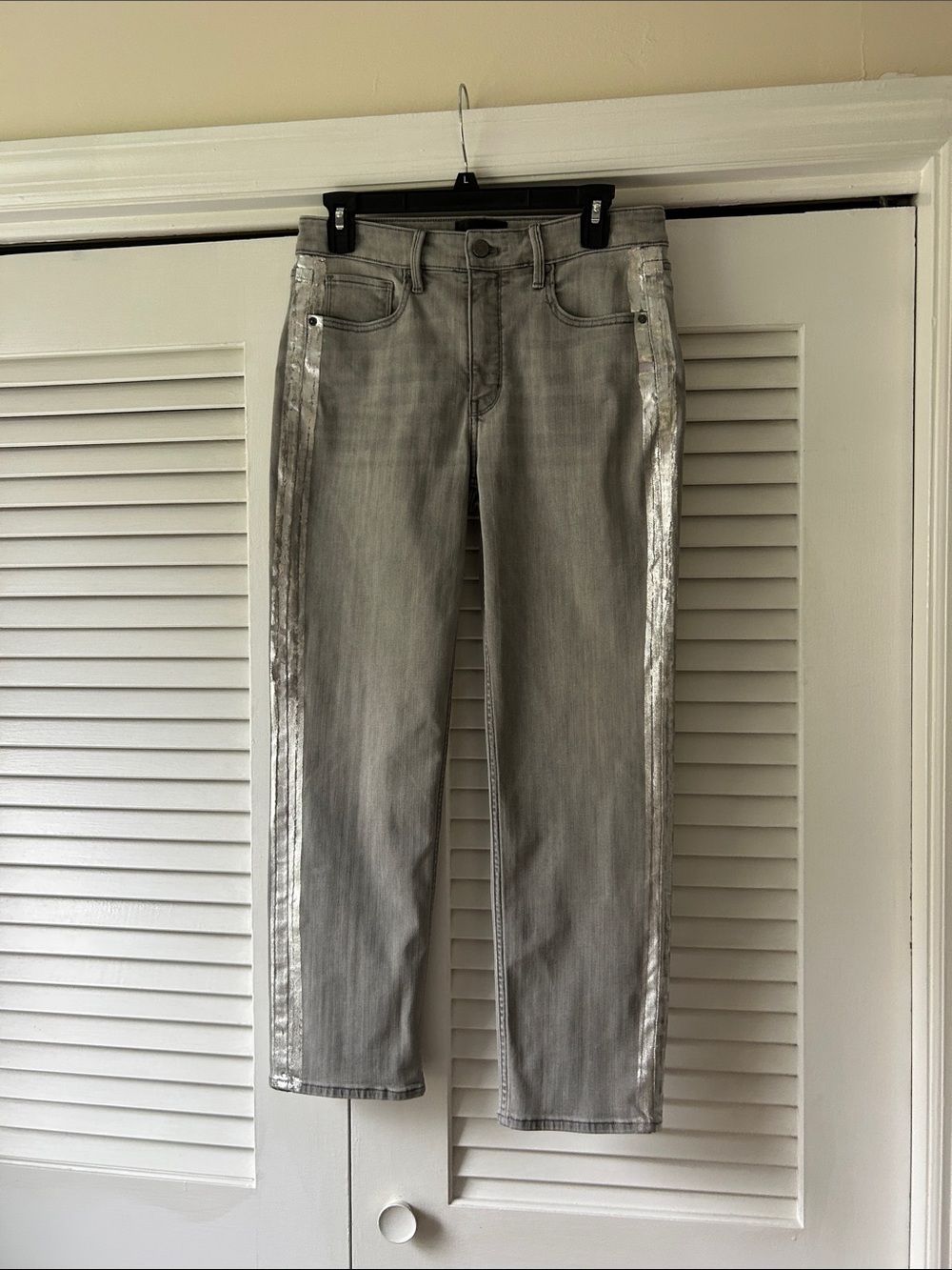 White House Black Market Silver-Trim Gray Slim Straight Jeans